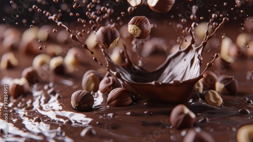 Close-up of Falling Whole Hazelnuts into Melted Chocolate