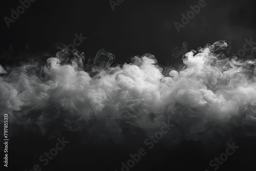 This striking image captures the intricate swirls and curls of white smoke contrasted against a dark, shadowy background Evokes a mystic and mysterious atmosphere