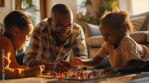 A happy African ethnicity father playing a board game with his daughter and son on the living room floor, sharing laughs and high fives under the glow of natural light from a nearb photo
