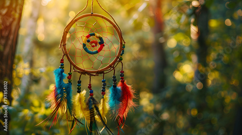 Close up of dream catcher hanging from tree in the sun ,A dream catcher, hanging from a twig, with the evening sun, warm and nostalgic background