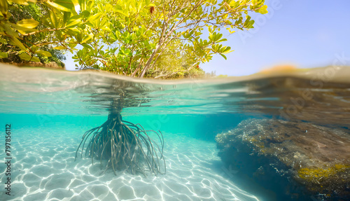 Tropical Paradise  A serene landscape of Mangrove tree over crystal-clear turquoise waters  and a vibrant coral reef under the blue sky