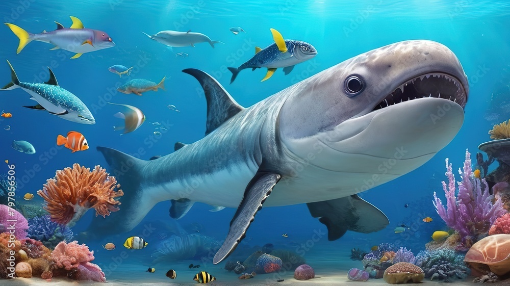 Fototapeta premium Big shark and small fish, view under the sea