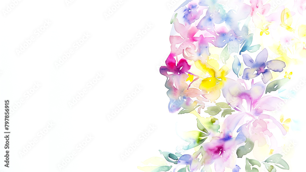 painted flowers in the form of a portrait of a woman. Abstract fantasy floral art. Psychology theme, thinking positive, having good thoughts in mind.