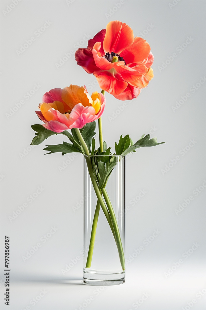 Fototapeta premium bouquet red flowers in a white glass vase agaist white wall