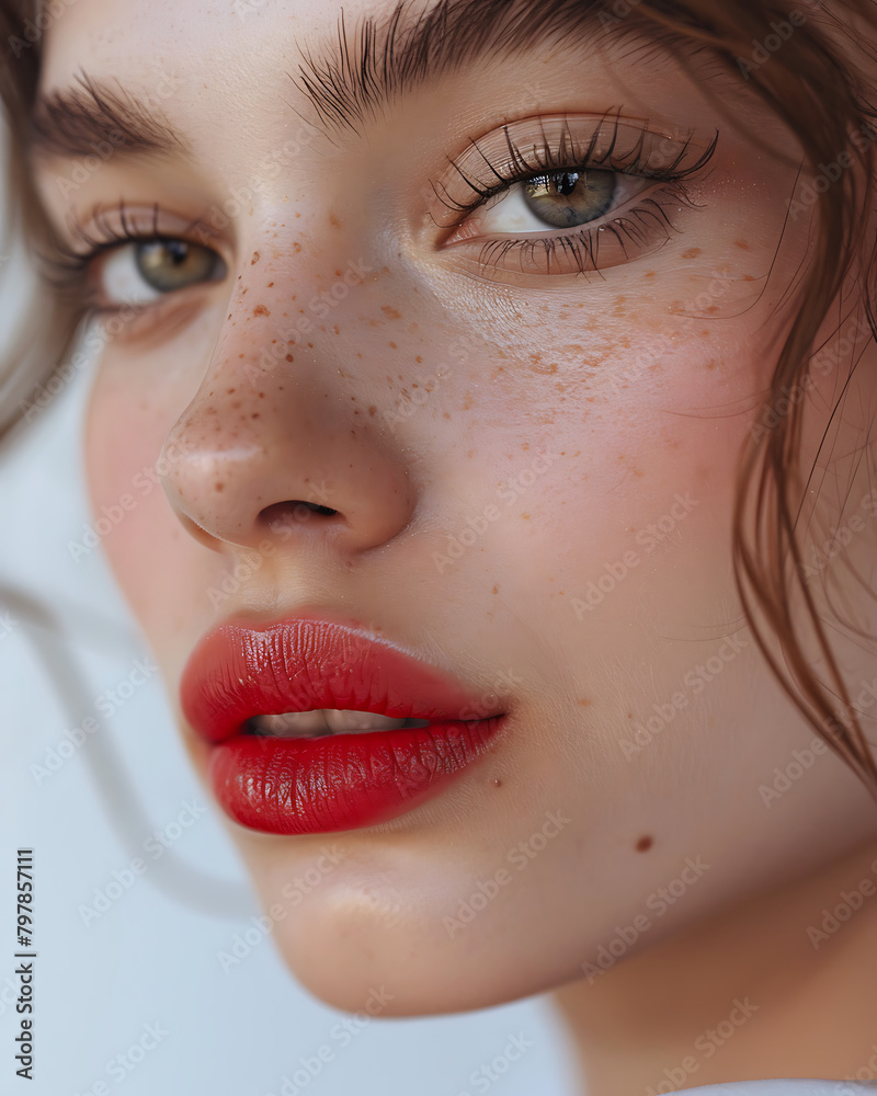 Naklejka premium a closeup shot of a spanish fashion model looking at camera with eye lashes lipstick full makeup