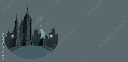Manhattan panoramic skyline at night. Statue of Liberty with Manhattan background. New York City, USA. vector illustration 218