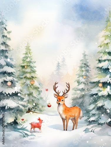 Snow-covered forest with animals decorating a Christmas tree  cartoon in watercolor  soft color 