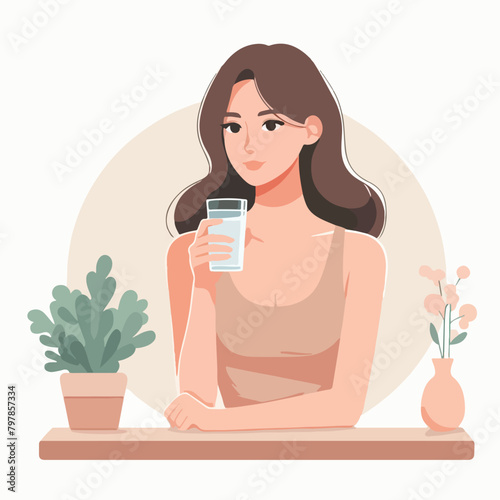 Vector a woman sits on a counter with a glass of water
