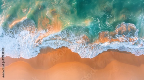 A wave rolling over the beach  captured from an aerial perspective  showcasing its soft and dynamic form. The water is turquoise with white foam  creating a contrast against golden sand.