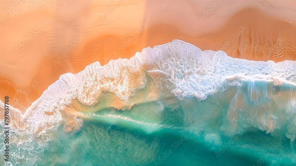 A wave rolling over the beach, captured from an aerial perspective, showcasing its soft and dynamic form. The water is turquoise with white foam, creating a contrast against golden sand.