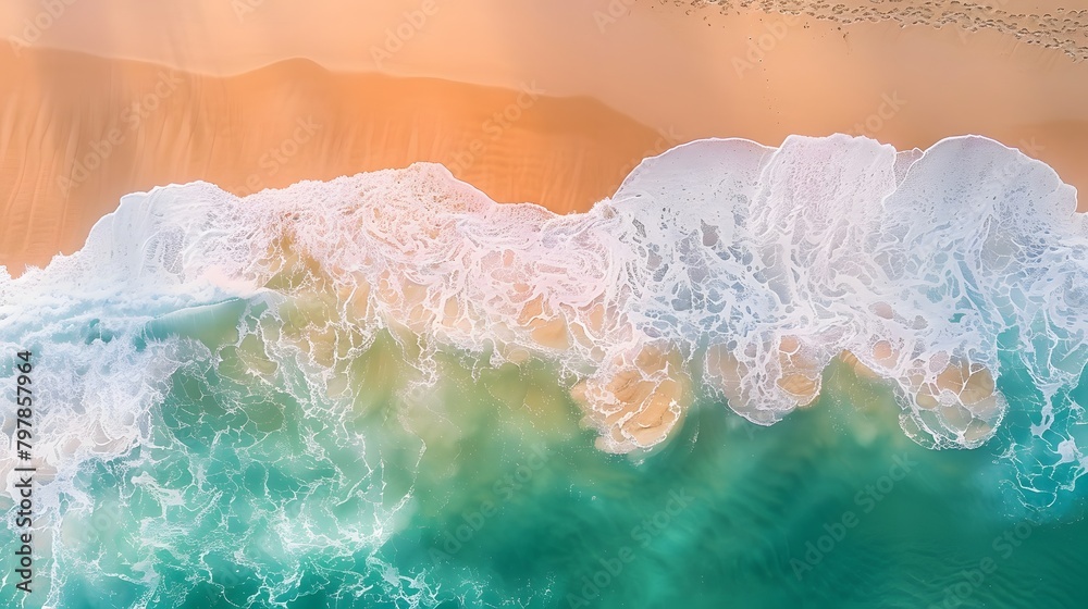 A wave rolling over the beach, captured from an aerial perspective, showcasing its soft and dynamic form. The water is turquoise with white foam, creating a contrast against golden sand.