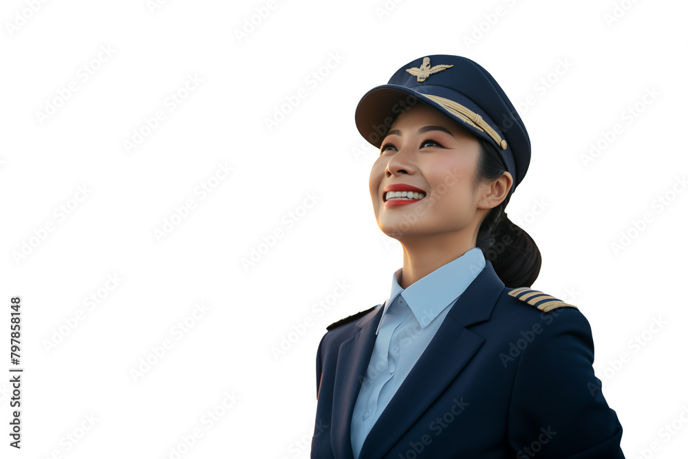 Middle aged Chinese woman airplane pilot on isolated chroma key background Middle aged Chinese woman airplane pilot on isolated chroma key background