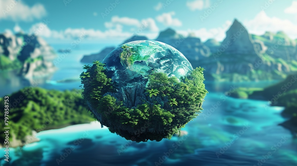 Explore the beauty of tropical landscapes from above with this stunning 3D illustration of a floating globe showcasing lush mountains and sparkling seas. Explore the beauty of tropical landscapes from above with this stunning 3D illustration of a floating globe showcasing lush mountains and sparkling seas.