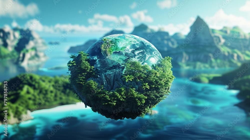 Explore the beauty of tropical landscapes from above with this stunning 3D illustration of a floating globe showcasing lush mountains and sparkling seas.