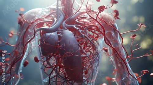 An illustration of the human circulatory system with a focus on the heart and major blood vessels. photo