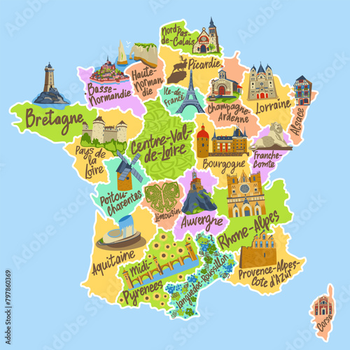 Map of France with French region names and pictures of landmarks. Vector colorful travel illustration.
