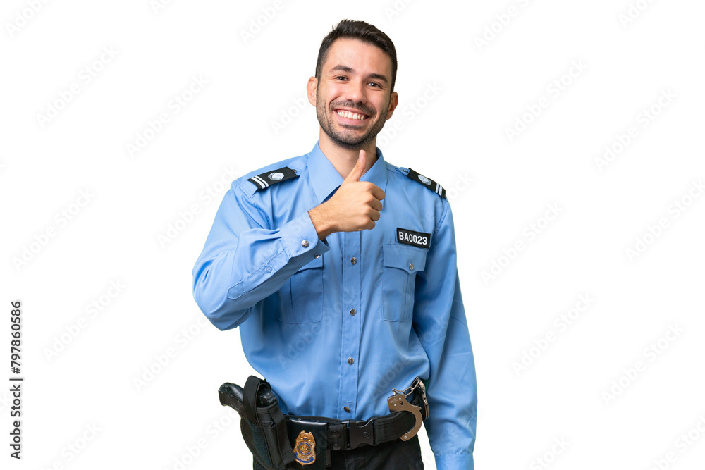 Young police caucasian man over isolated background giving a thumbs up gesture Young police caucasian man over isolated background giving a thumbs up gesture