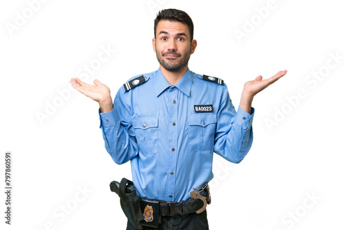 Young police caucasian man over isolated background having doubts while raising hands