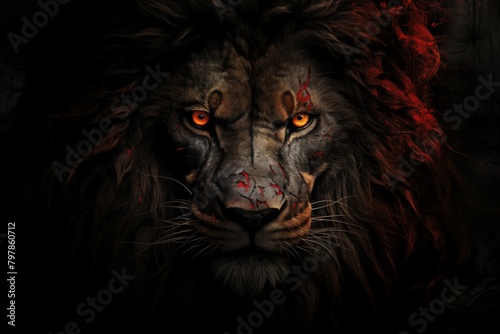 Eyes of a great lion on dark background