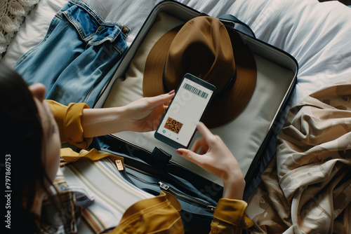 A traveler's hands holding a smartphone with a mobile boarding pass on the screen, poised over an open suitcase packed with a variety of clothes including plaid shirts and a hat. photo