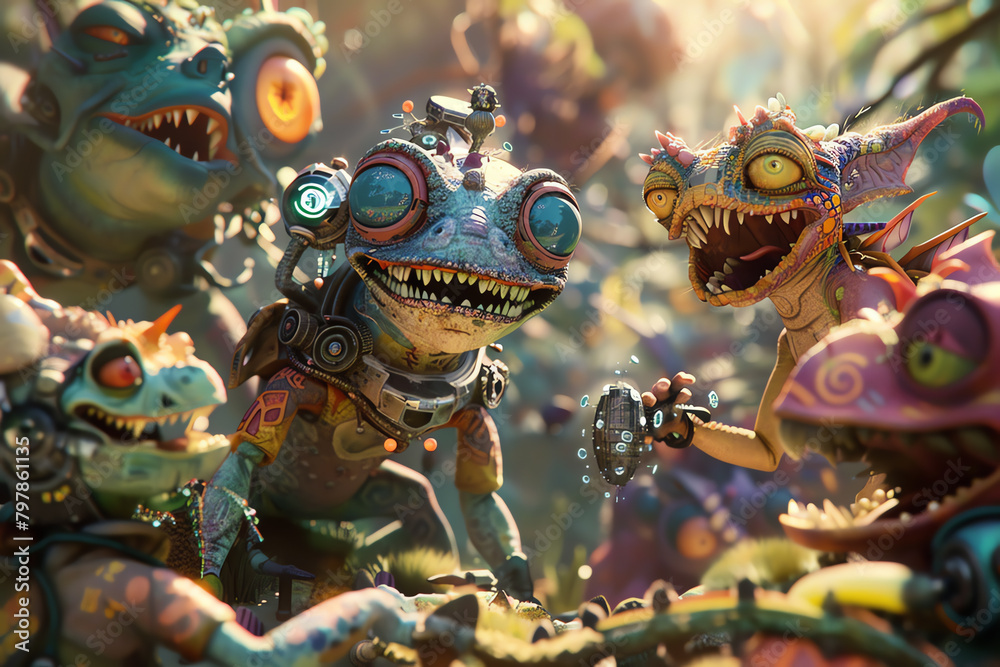 Fototapeta premium Imagine a group of mischievous mythical creatures utilizing nanotechnology devices to create comedic misunderstandings Depict the chaos and laughter in a detailed, tilted angle view with a mix of vibr