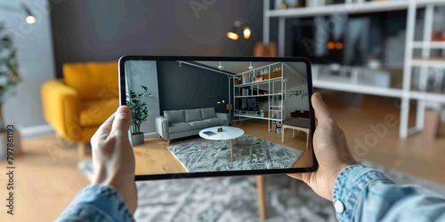 Decorating a home using AR interior design software and selecting 3D furniture on a digital tablet.