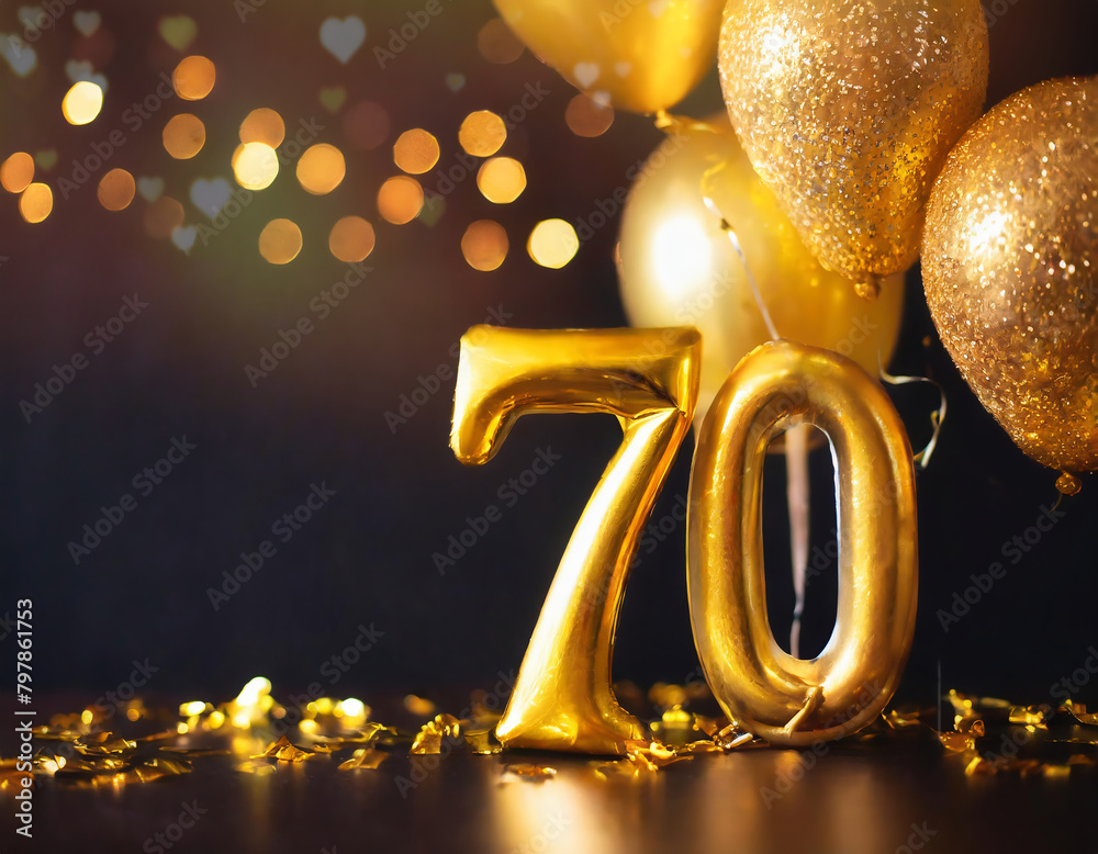 Number 70 -seventy  gold foil balloon. Anniversary celebration decoration with golden balloons on bokeh background. Party, birthday, anniversary, celebration concept	
