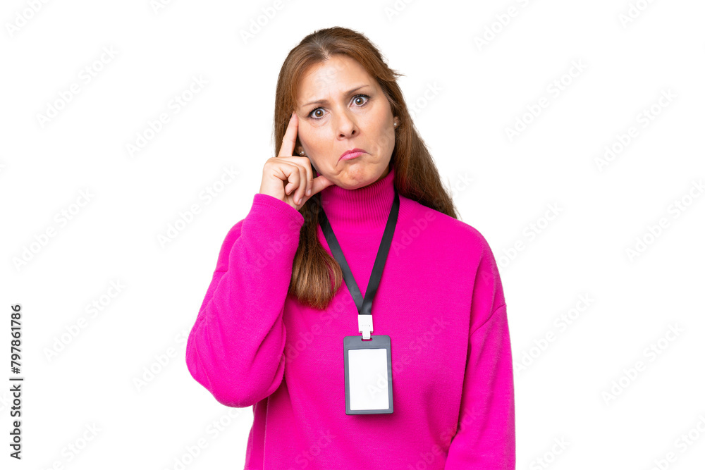 Middle-aged caucasian woman with ID card over isolated background thinking an idea Middle-aged caucasian woman with ID card over isolated background thinking an idea