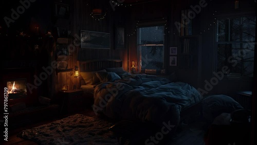 Warm up on a Cozy Cabin Log under the Rainstorm out night Forest Fireplace Sleep well tonight photo