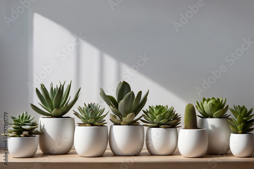 Indoor succulents in pots against a white wall. Generated by AI