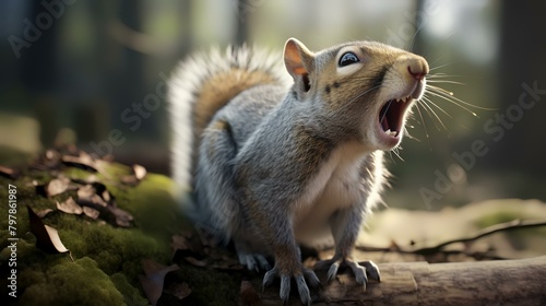 Squirrel in the forest with open mouth, close-up.