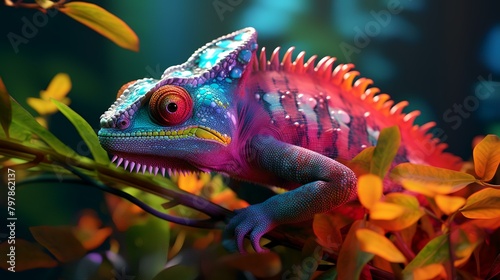 Colorful chameleon on the branch in the terrarium. © Sumera