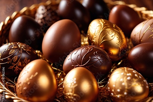 Traditional chocolate easter eggs, fancy luxury gold decoration