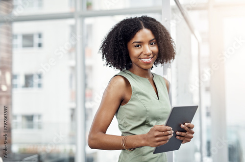 Happy, portrait and black woman in office with tablet for planning as financial advisor in asset management. Corporate, worker and smile in workplace with professional online consultation and app