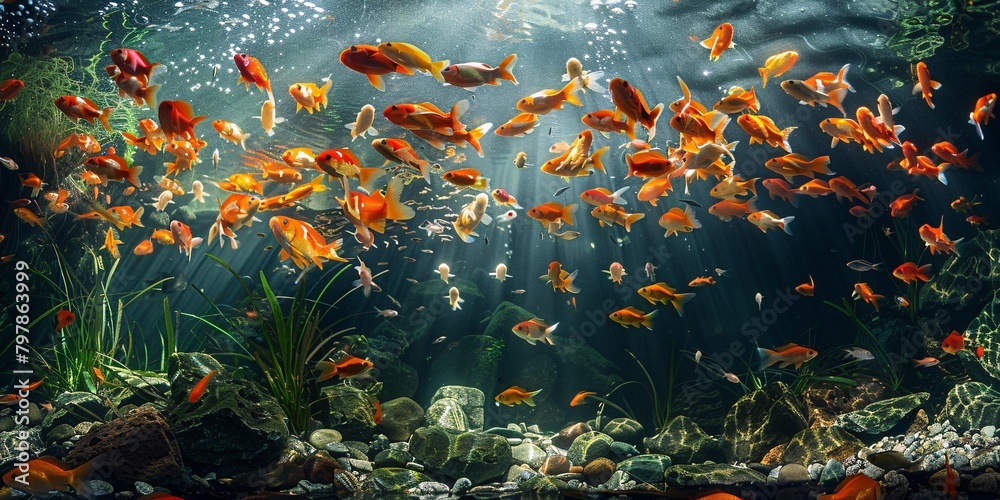 A vibrant photo of colorful Asian koi fish swimming in a clear underwater pond. A vibrant photo of colorful Asian koi fish swimming in a clear underwater pond.