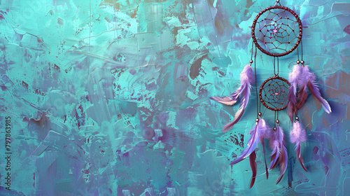 Beautiful dream catcher hanging against blue wall background ,Dream catcher with feathers threads and beads rope hanging