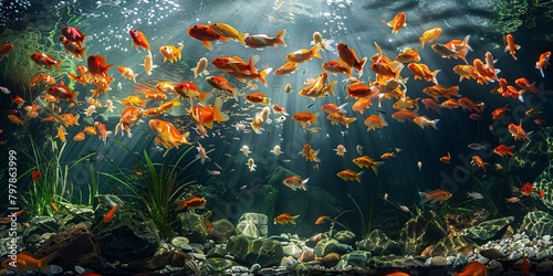 A vibrant photo of colorful Asian koi fish swimming in a clear underwater pond.