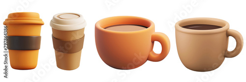 PNG coffee cup 3d icons and objects collection, in cartoon style minimal on transparent, white background, isolate
