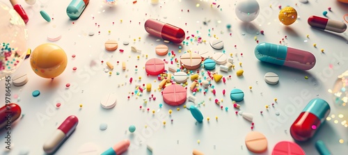 Medication Pills Spilling Out on a Clinical Canvas photo