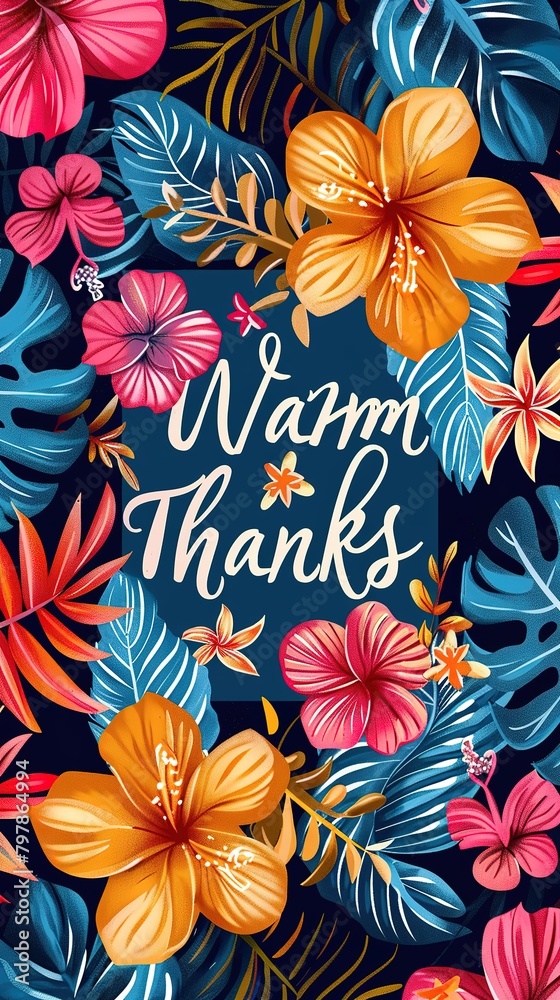 Exotic floral thank you card mockup, Vibrant tropical flowers and foliage with a 'Warm Thanks' message, illustrating an exotic and grateful theme.