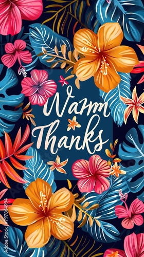 Exotic floral thank you card mockup  Vibrant tropical flowers and foliage with a  Warm Thanks  message  illustrating an exotic and grateful theme.