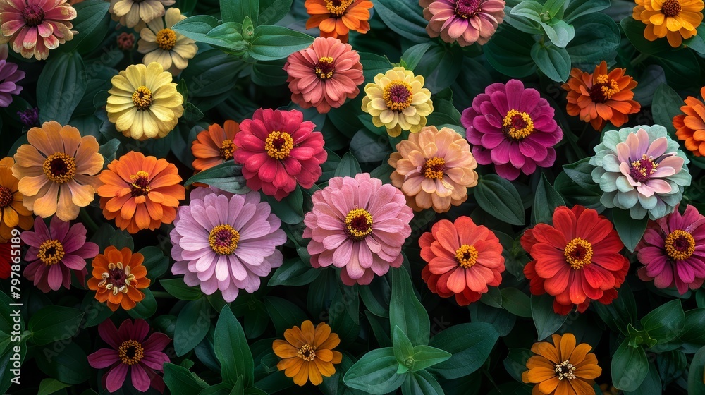 A field of colorful zinnias in full bloom.