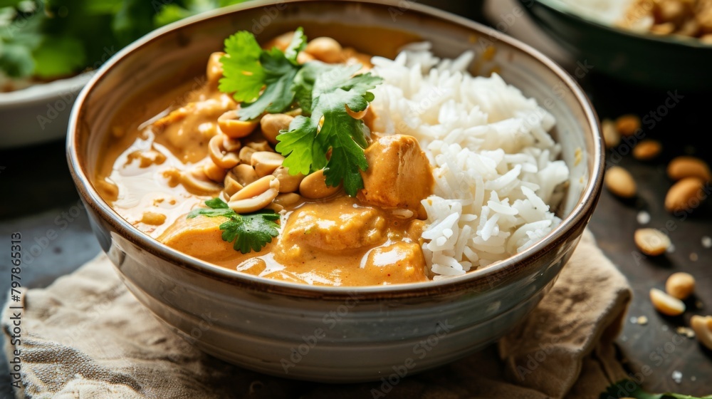 A bowl of creamy and fragrant Massaman curry, served with fluffy jasmine rice and topped with crunchy peanuts, a Thai comfort food classic. A bowl of creamy and fragrant Massaman curry, served with fluffy jasmine rice and topped with crunchy peanuts, a Thai comfort food classic.