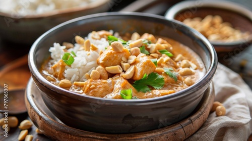 A bowl of creamy and fragrant Massaman curry, served with fluffy jasmine rice and topped with crunchy peanuts, a Thai comfort food classic.