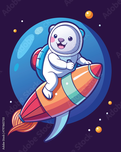 Cute cartoon bear astronaut flying on a rocket. illustration.