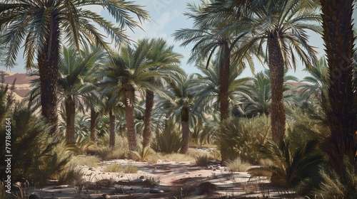 In a secluded desert oasis, slender date palms sway gracefully in the gentle breeze,