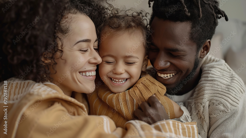 Close up of a happy multiethnic family with a child laughing together at home Close up of a happy multiethnic family with a child laughing together at home
