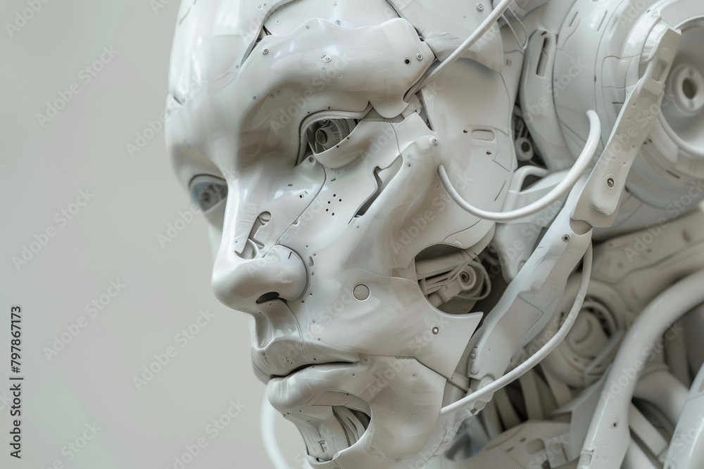 A white robot with a face and wires coming out of it - obrazy, fototapety, plakaty 