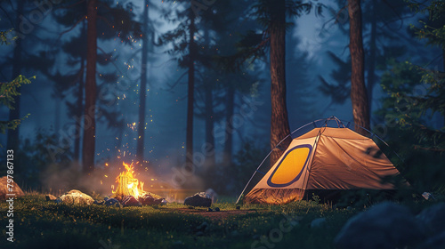 tent and bonfire in the forest