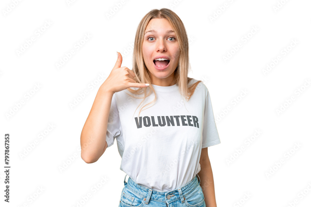 Young volunteer woman over isolated chroma key background making phone gesture. Call me back sign Young volunteer woman over isolated chroma key background making phone gesture. Call me back sign